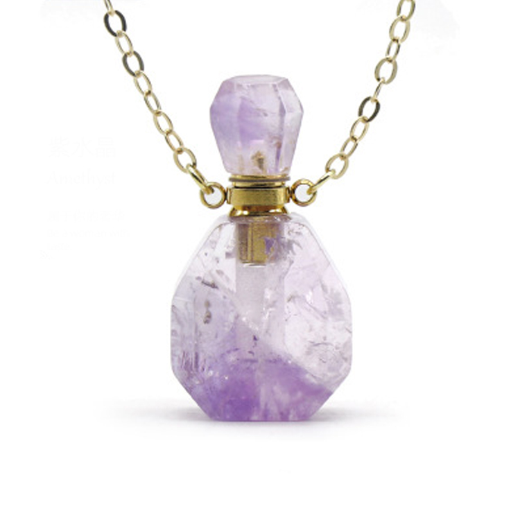 Natural Gemstone Bottle Amethyst Crystal Perfume Bottles Necklaces with Link Chain